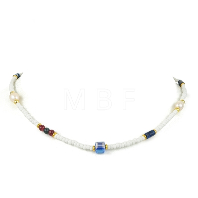 Natural Lapis Lazuli Heishi Beads & Rice Natural Pearl & Glass Seed Beaded Necklaces NJEW-JN06249-02-1