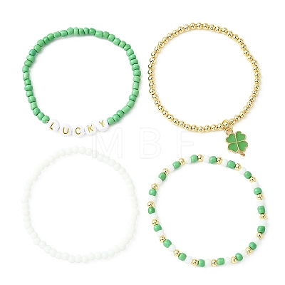 4Pcs 4 Style Word Lucky Acrylic & Glass Seed & Brass Beaded Stretch Bracelets Set BJEW-TA00312-1