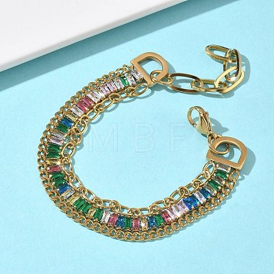 304 Stainless Steel & Glass Double Layers Chain Bracelets for Women BJEW-F540-10G-04-1