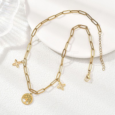 304 Stainless Steel Tree of Life and Cross Pendant Paperclip Chain Necklaces for Women NJEW-JN05664-1