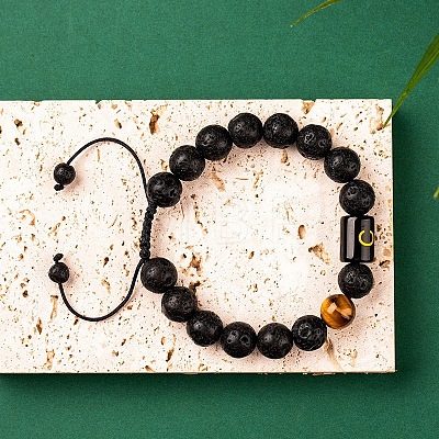 Natural Tiger Eye & Lava Rock Round Beads Adjustable Bracelets TV6214-3-1