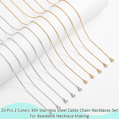  20Pcs 2 Colors 304 Stainless Steel Cable Chain Necklaces Set MAK-NB0001-20-1