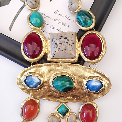 Oval Square Baroque Style Alloy & Colorful Resin Statement Bib Necklaces FS-WG6C445-01-1