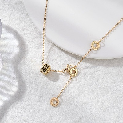 Brass Micro Pave Black Cubic Zirconia Column Bead and Love Disc Pendant Cable Chain Necklaces NJEW-JN05767-1