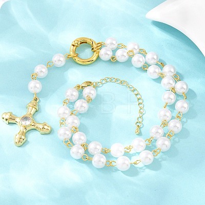 Brass Pave Clear Cubic Zirconia Cross Y Pendant Necklaces with ABS Imitation Pearl Handmade Link Chain NJEW-F364-06G-1
