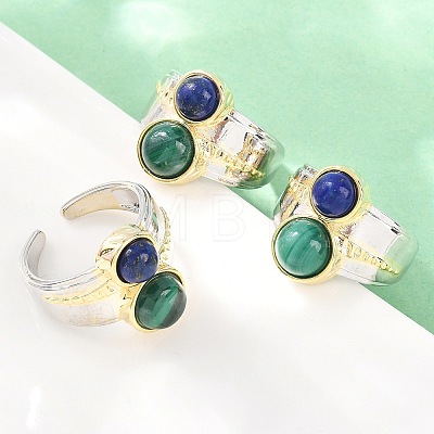 Natural Lapis Lazuli & Natural Malachite with Brass Cuff Open Rings RJEW-B163-01GP-04-1
