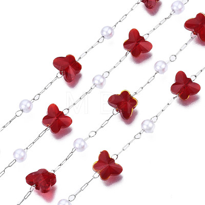Glass Butterfly & ABS Plastic Pearl Beaded Chains CHS-N003-02-02-1
