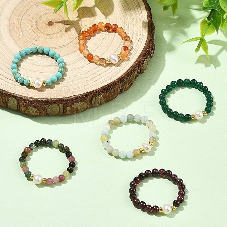 Synthetic Turquoise/Natura White Jade/Multicolor Tourmaline/Carnelian/Flower Amazonite & Cultured Freshwater Pearl Finger Rings RJEW-JR01106-1