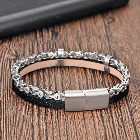 Black Braided mitation Leather & 316L Stainless Steel 2-Strand Bracelets with Magnetic Clasps for Men WGA2BB7-02-1