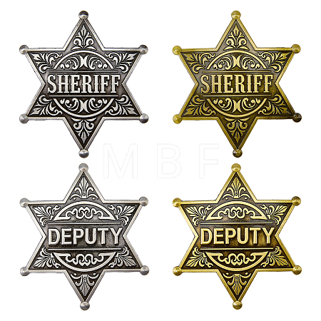 4Pcs 4 Styles Vintage SHERIFF DEPUTY Alloy Star Brooches JEWB-FG0001-80-1