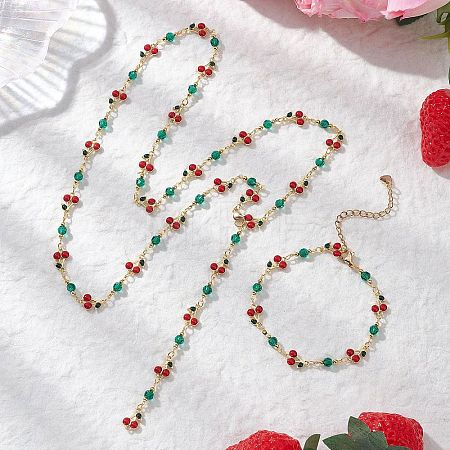 Brass Enamel Cherry Link Bracelets & Necklaces Sets SJEW-JS01367-1