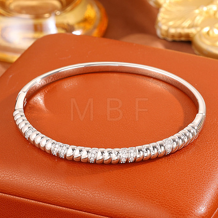 Ribbed Brass & Clear Cubic Zirconia Hinged Bangles for Women WG11522-02-1