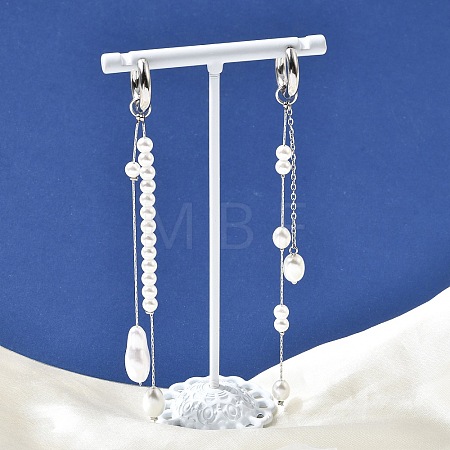 304 Stainless Steel & Glass Pearl Tassel Hoop Earrings for Women EJEW-G463-01P-1
