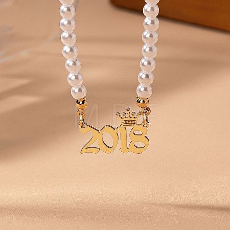 Alloy Crown Birth Year Pendant Imitation Pearl Round White Beaded Necklaces for Women FS-WG173C9-15-1