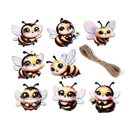 8Pcs UV Single Face Printed Wood Bees Pendant Decorations WOOD-N020-10-1