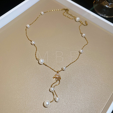 Brass Pave Clear Cubic Zirconia Jellyfish Pendant Necklaces with Imitation Pearl Beads for Women WGDDC92-01-1