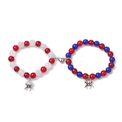 2Pcs 10mm Round Natural White Jade & Red Glass & Blue Cat Eye Beaded Stretch Bracelet Sets for Lover BJEW-JB10325-05-1