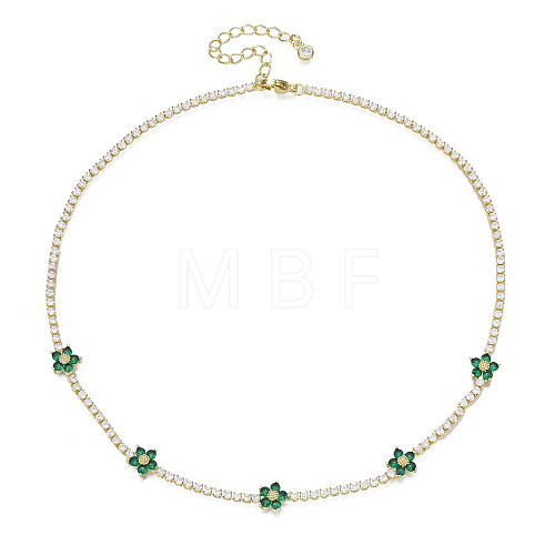 Cubic Zirconia Classic Tennis Necklace with Flower Links NJEW-N048-01B-1