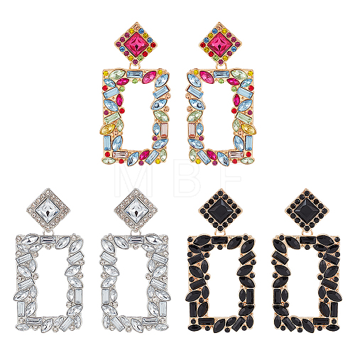 3 Pairs 3 Colors Rhinestone Hollow Out Rectangle Dangle Stud Earrings EJEW-FI0001-12-1