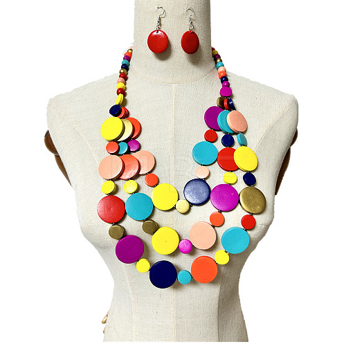 Ethnic Style Wood Flat Round Beaded Multilayer Necklaces & Dangle Earrings Sets WG19BD2-01-1