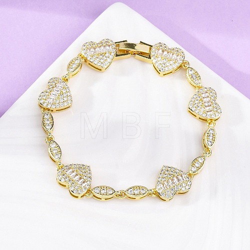 Heart & Horse Eye Brass Micro Pave Clear Cubic Zirconia Link Bracelets for Women BJEW-G740-03G-1