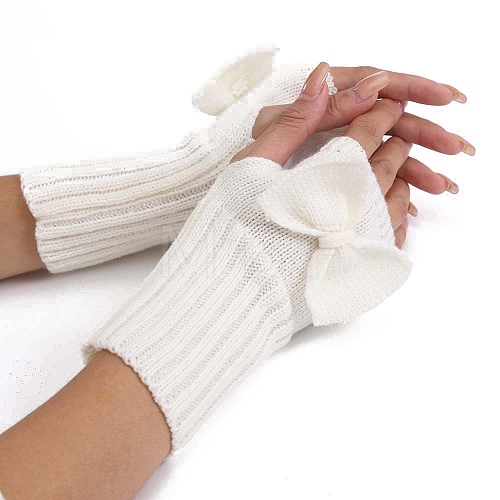 Acrylic Fibers Bowknot Knitting Fingerless Gloves PW-WG73400-02-1