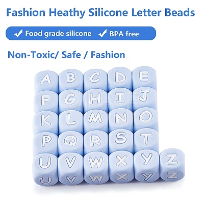 20Pcs Blue Cube Letter Silicone Beads 12x12x12mm Square Dice Alphabet Beads with 2mm Hole Spacer Loose Letter Beads for Bracelet Necklace Jewelry Making JX434M-1