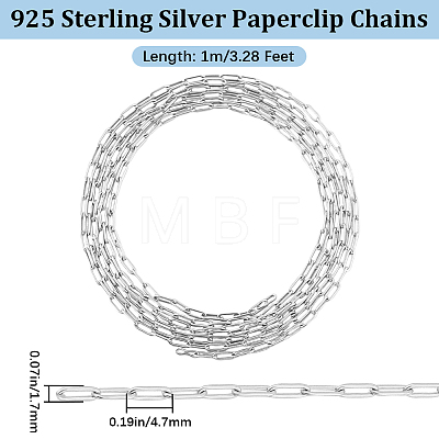 Beebeecraft 1M Rhodium Plated 925 Sterling Silver Paperclip Chains STER-BBC0005-82-1