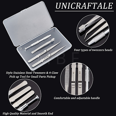 Unicraftale 4Pcs 4 Style Stainless Steel Tweezers & 4-Claw Pick up Tool for Small Parts Pickup STAS-UN0039-16-1