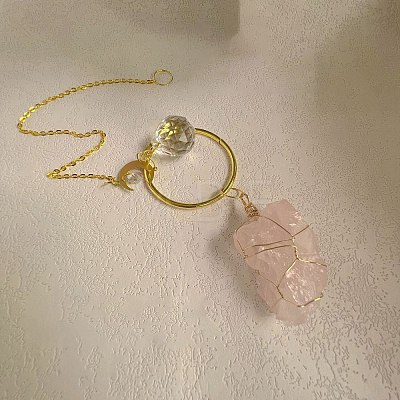 Raw Rough Natural Rose Quartz Moon Suncatcher DJEW-PW0017-05-1