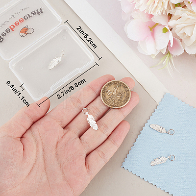 5Pcs 925 Sterling Silver Feather Charms with Jump Rings with 1Pc Double Sided Suede Fabric Silver Polishing Cloth FIND-BBC0015-94-1