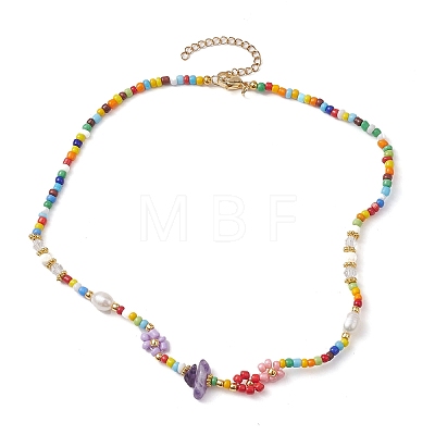 Flower Glass Seed & Pearl Beaded Necklaces NJEW-JN04677-01-1
