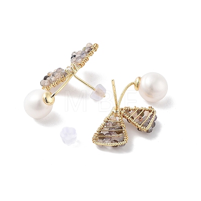 Butterfly Natural Pearl Dangle Stud Earrings EJEW-P256-60G-1