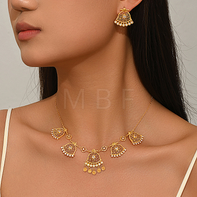 Vintage Brass Micro Pave Clear Cubic Zirconia Filigree Bell Pendant Necklace & Stud Earrings Set for Women JR0711-1