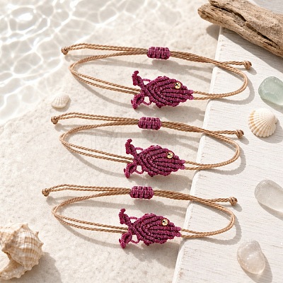 Ocean Adjustable Braided Wax Cord Fish Link Bracelet Sets with Brass Beads for Women XU5174-1-1