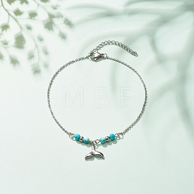 304 Stainless Steel Whale Tail Charm Anklet with Round Natural White Jade Beads for Women AJEW-AN00498-01-1