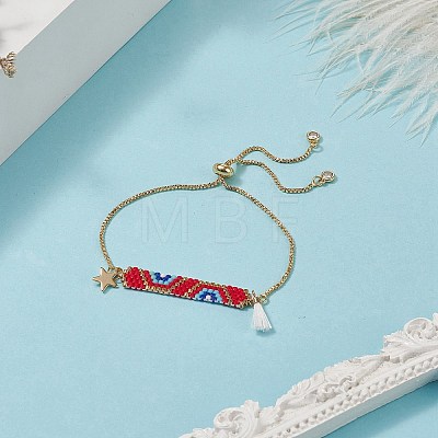 Handmade Japanese Seed Rectangle & Star & Tassel Charms Slider Bracelet BJEW-MZ00013-01-1