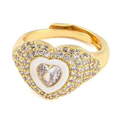 Enamel Heart Adjustable Ring with Clear Cubic Zirconia RJEW-Q781-01G-04-1