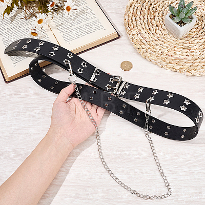 Gothic Alloy Chain Tassel Star Rivet PU Leather Waist Belts AJEW-WH20070-291B-1