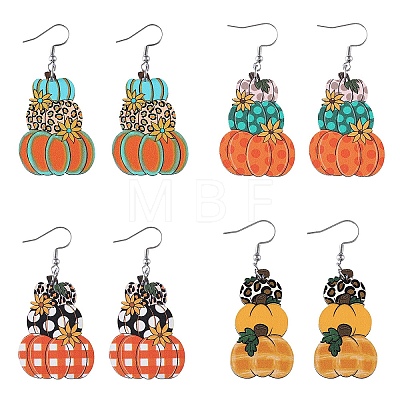 4 Pairs Thanksgiving Day Pumpkin Stainless Steel Wood Dangle Earrings FS-WG285B1-05-1