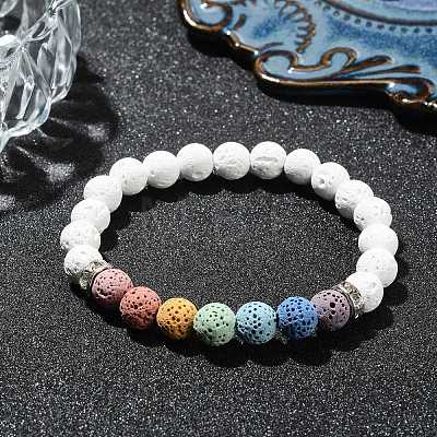 Dyed Natural Lava Rock Round Beaded Stretch Bracelets BJEW-TA00337-02-1