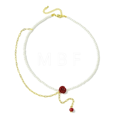 ABS Plastic Imitation Pearl Beaded Red Flower Synthetic Coral Pendant Necklaces NJEW-JN04991-1