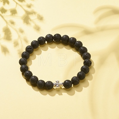 Natural Lava Rock Stretch Bracelet with Alloy Cross BJEW-JB08192-04-1