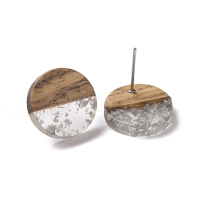 Resin & Walnut Wood Flat Round Stud Earrings with 304 Stainless Steel Pin for Women EJEW-TAC0021-05A-1