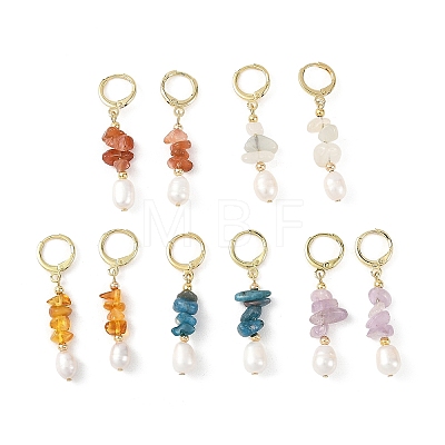 Natural Lavender Amethyst & Natural South Red Agate & Natural White Moonstone & Natural Amber & Natural Apatite Chip & Brass Hoop Earrings EJEW-JE07220-1