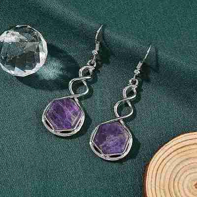 Hexagon Natural Amethyst Dangle Earrings EJEW-K298-01P-01-1