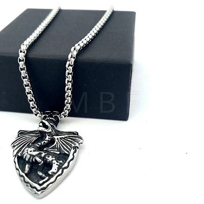 Vintage 304 Stainless Steel Skull Shield with Dragon Pendant Necklaces for Men IV2024-1