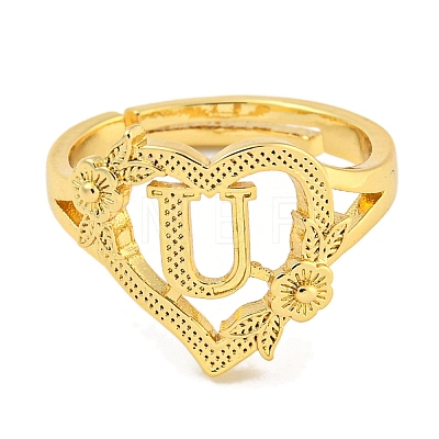 Heart with Letter & Flower Rack Plating Brass Adjustable Rings for Women RJEW-I105-05G-U-1