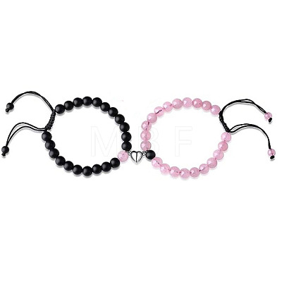 2Pcs Round Natural Black Agate & Rose Quartz Braided Bead Bracelets for Couple IJ5496-5-1