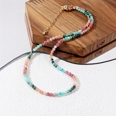Bohemian Style Natural African Turquoise(Jasper) & Rhodonite & Red Aventurine & Aquamarine Faceted Round Beaded Necklaces for Women EF1114-1